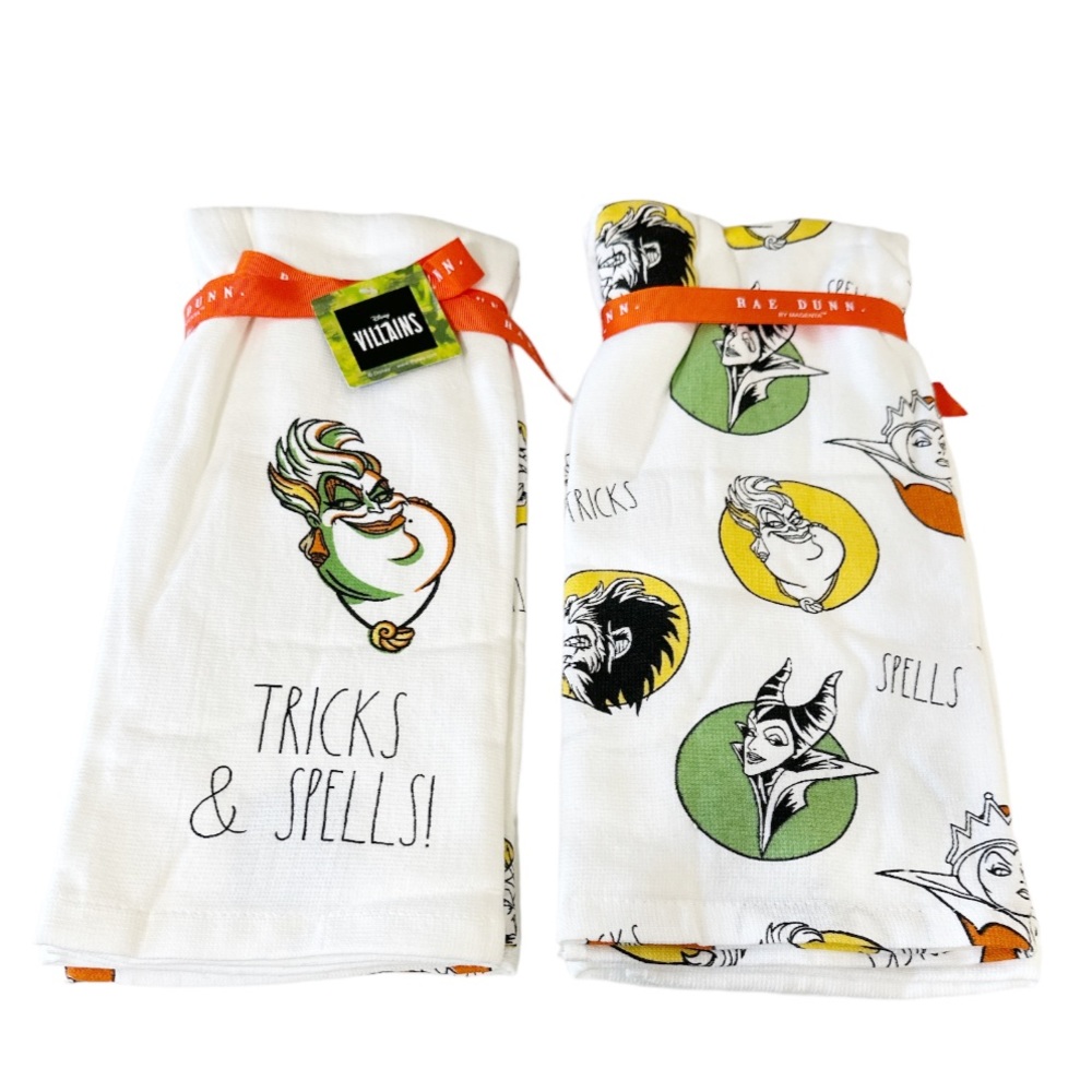 NEW Rae Dunn/Disney TRICKS & SPELL!/SPELLS Villains Kitchen Towel Set/2